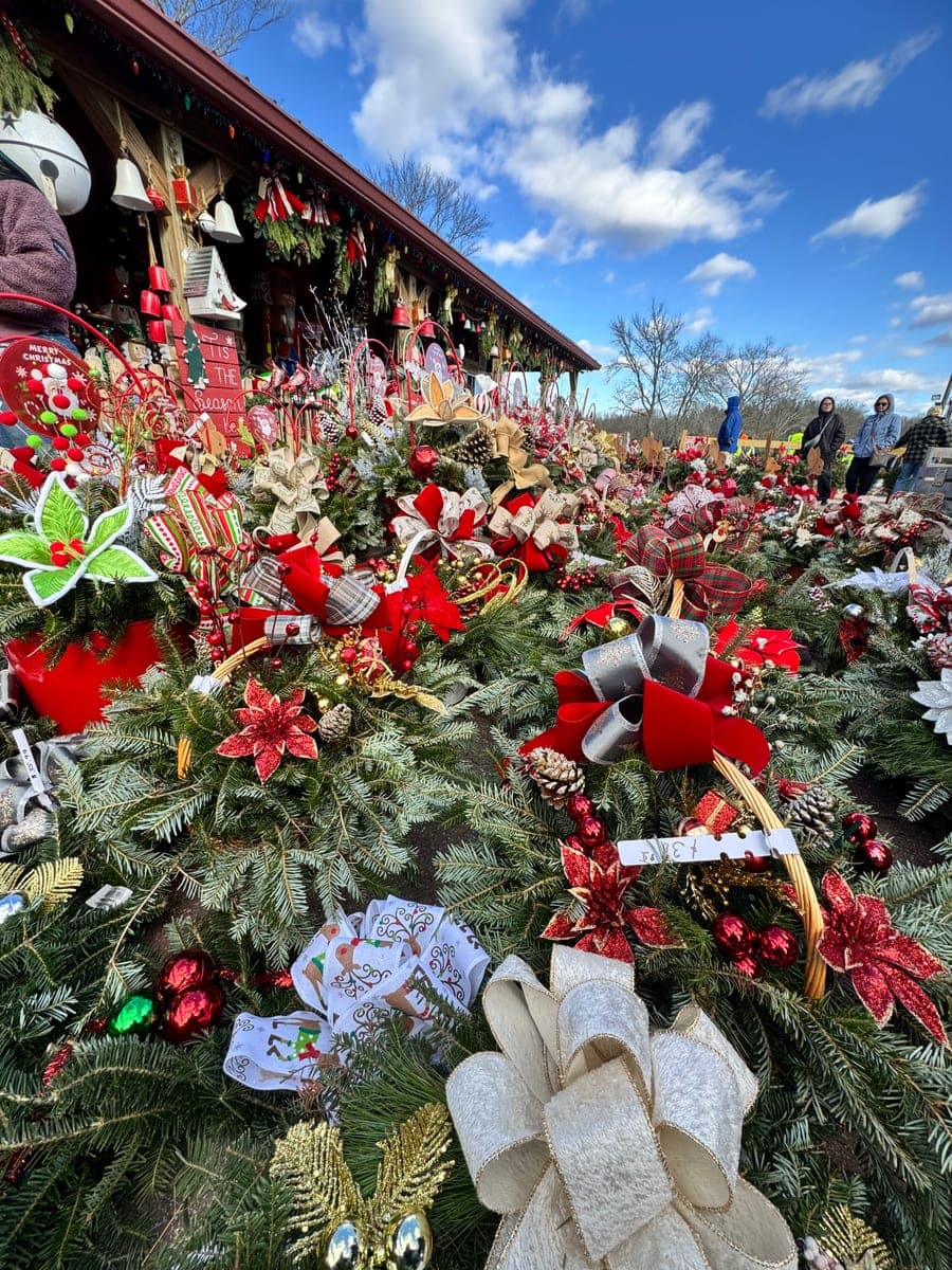 Red and green holiday arrangements
