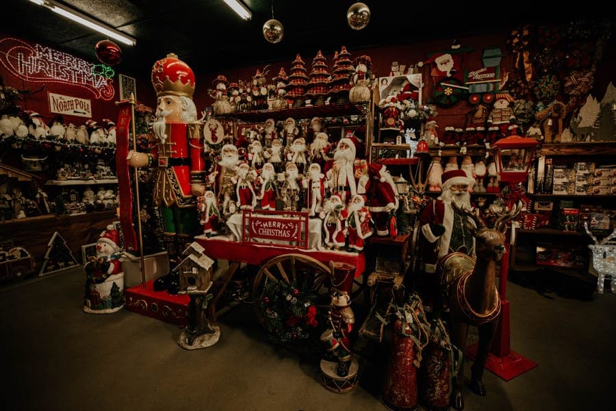 Nutcrackers and décor inside the Red Barn