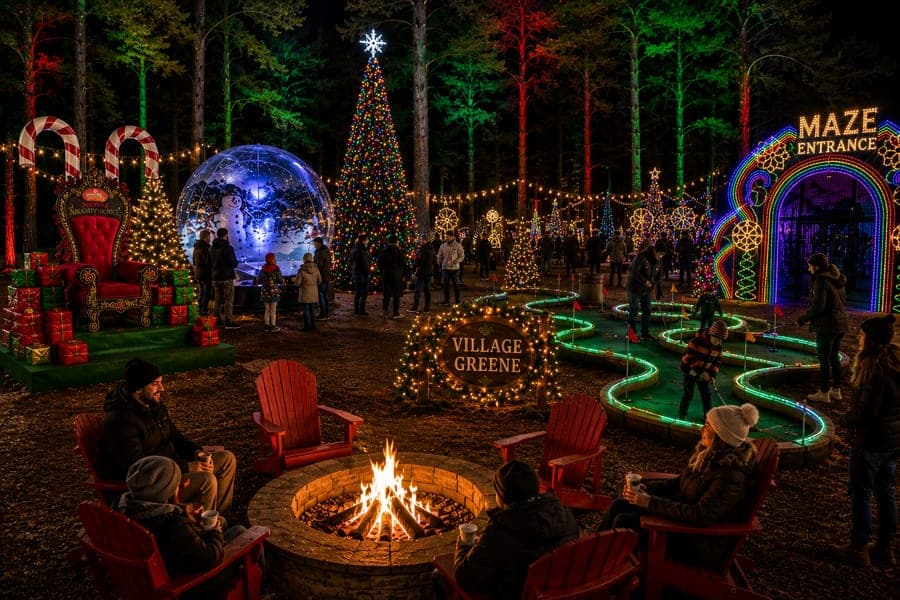The Village Greene: maze entrance, mini golf and firepit